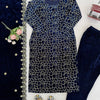 Navy Blue Embroidered Kurti Pant Set with Designer Dupatta