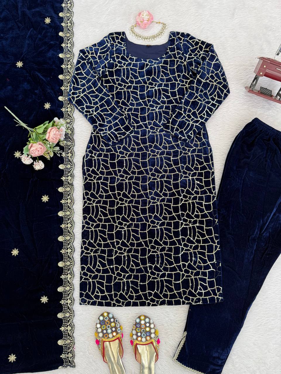 Navy Blue Embroidered Kurti Pant Set with Designer Dupatta