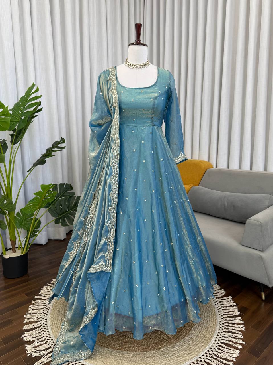 Girls Sky Blue Sequin Anarkali Suit Set with Palazzo & Dupatta – Festive Wear