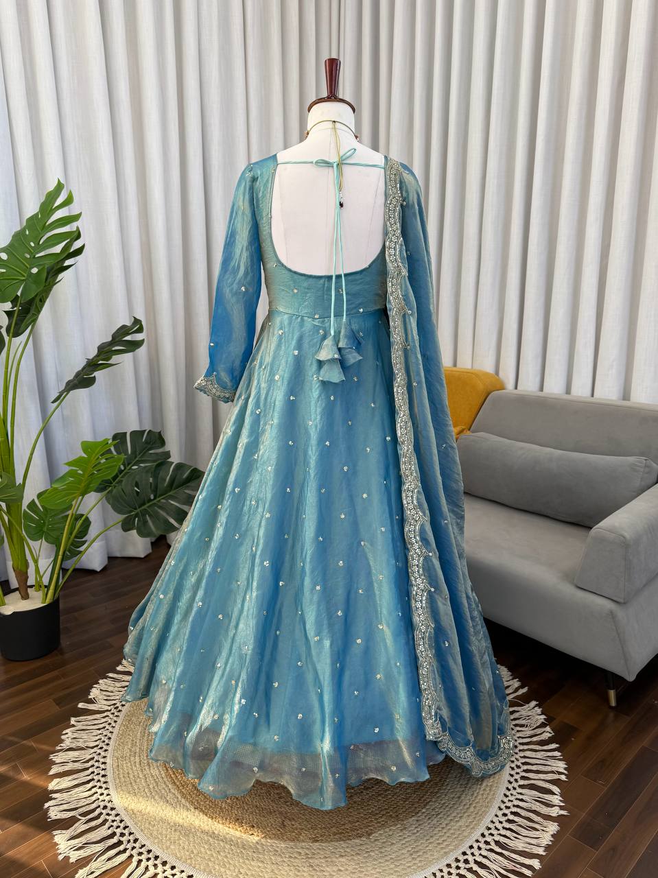 Girls Sky Blue Sequin Anarkali Suit Set with Palazzo & Dupatta – Festive Wear