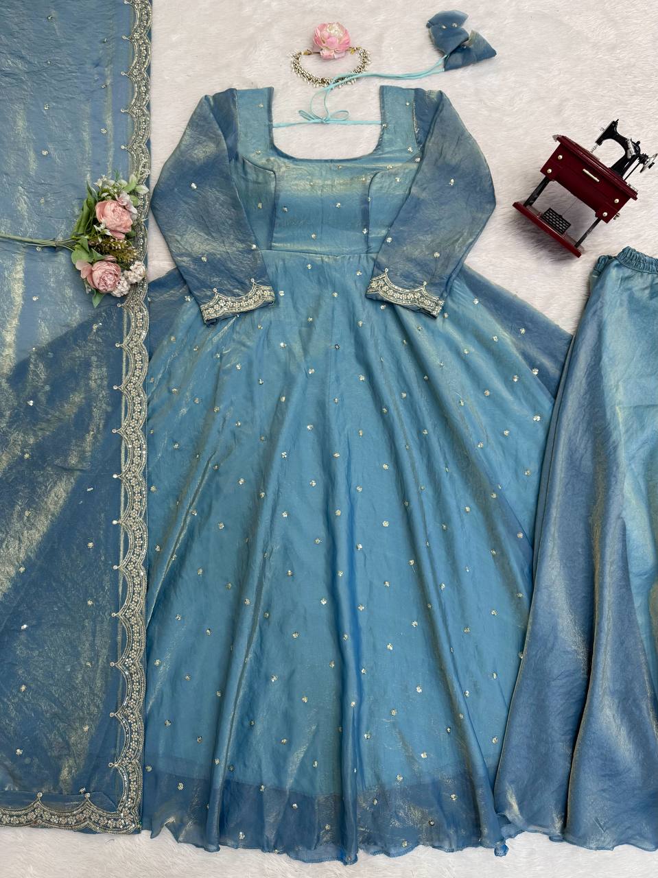 Girls Sky Blue Sequin Anarkali Suit Set with Palazzo & Dupatta – Festive Wear