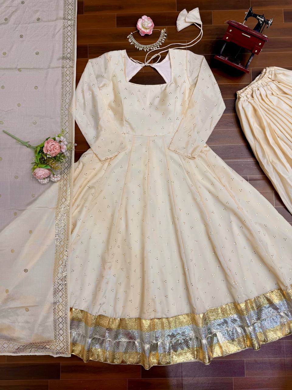 Cream Embellished Anarkali Kurti Set with Palazzo & Dupatta