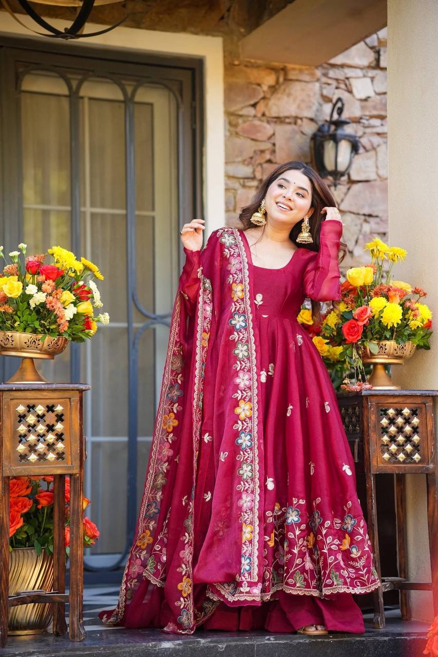 Fuchsia Pink Floral Embroidered Anarkali Suit with Dupatta