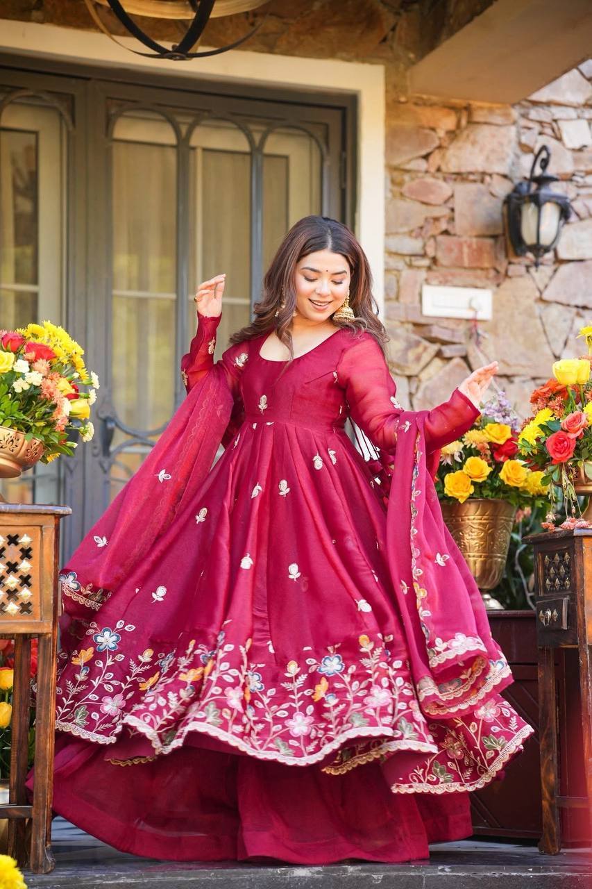 Fuchsia Pink Floral Embroidered Anarkali Suit with Dupatta