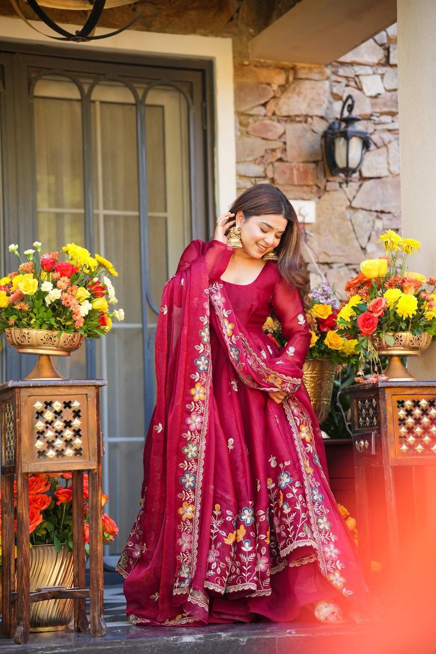 Fuchsia Pink Floral Embroidered Anarkali Suit with Dupatta