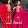 Embroidered Kurti Sharara Set with Dupatta – Red & Rani Pink