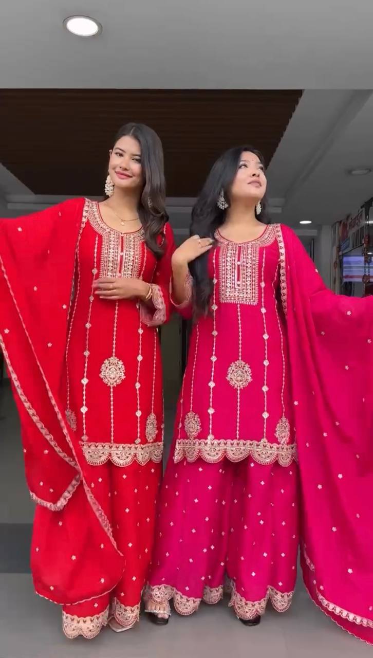 Embroidered Kurti Sharara Set with Dupatta – Red & Rani Pink