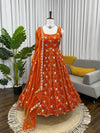 Rust Orange Embroidered Anarkali Kurti Set with Pants & Dupatta