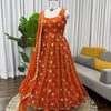 Rust Orange Embroidered Anarkali Kurti Set with Pants & Dupatta