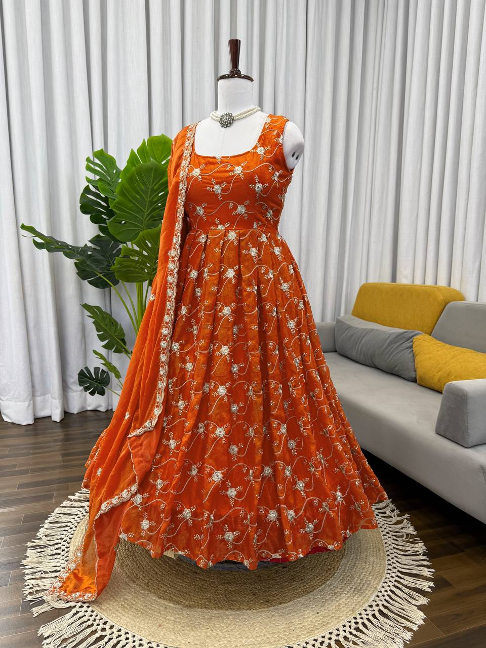 Rust Orange Embroidered Anarkali Kurti Set with Pants & Dupatta