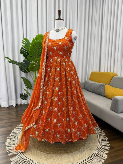 Rust Orange Embroidered Anarkali Kurti Set with Pants & Dupatta