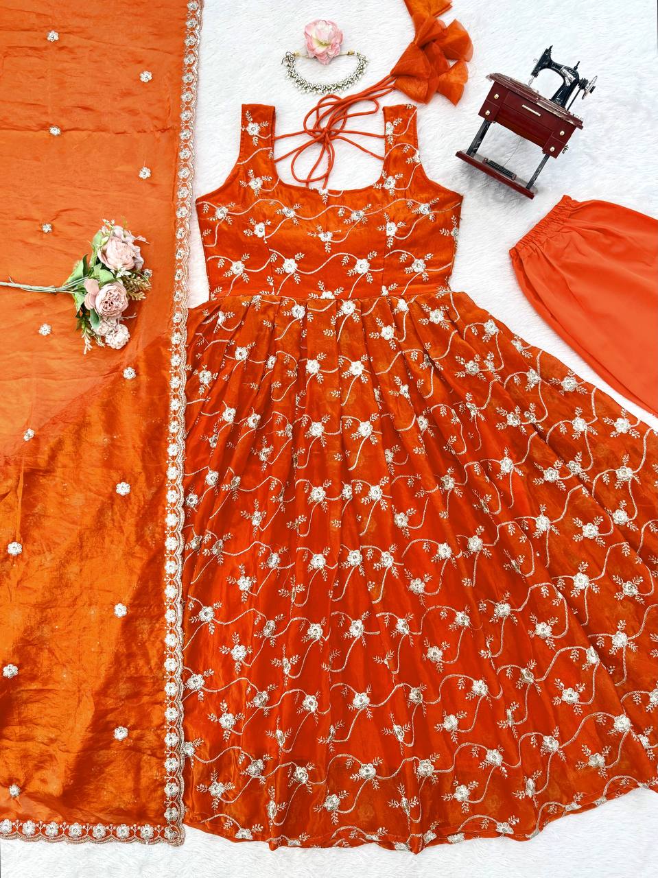 Rust Orange Embroidered Anarkali Kurti Set with Pants & Dupatta