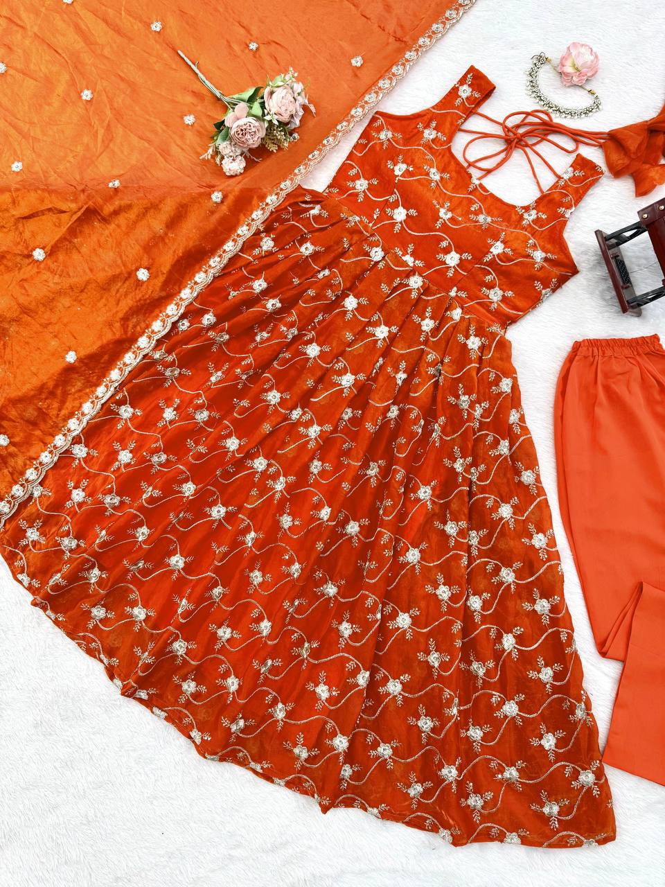 Rust Orange Embroidered Anarkali Kurti Set with Pants & Dupatta
