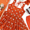 Rust Orange Embroidered Anarkali Kurti Set with Pants & Dupatta