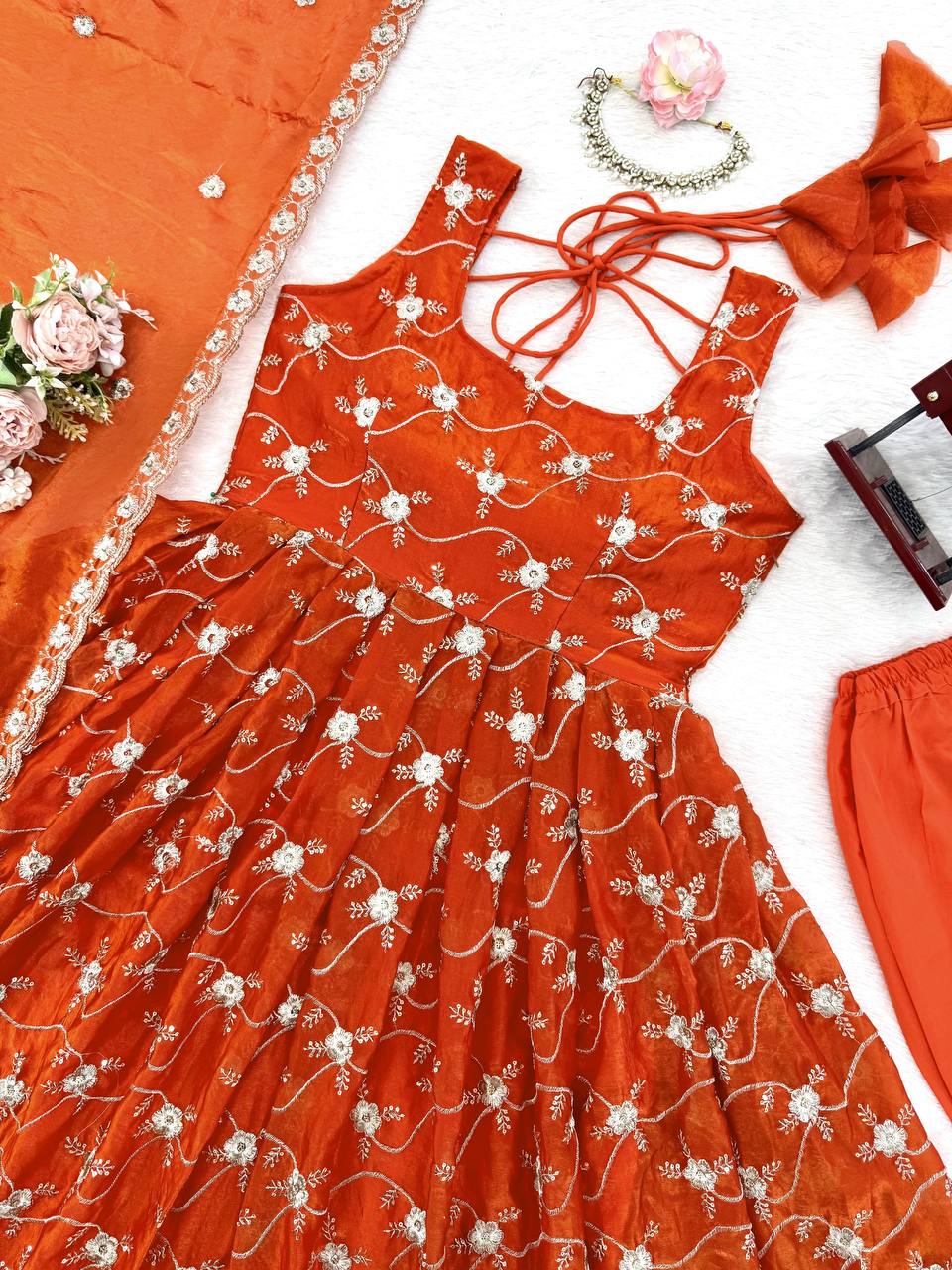 Rust Orange Embroidered Anarkali Kurti Set with Pants & Dupatta