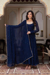 Navy Blue Embellished Anarkali Kurti Set with Pants & Dupatta