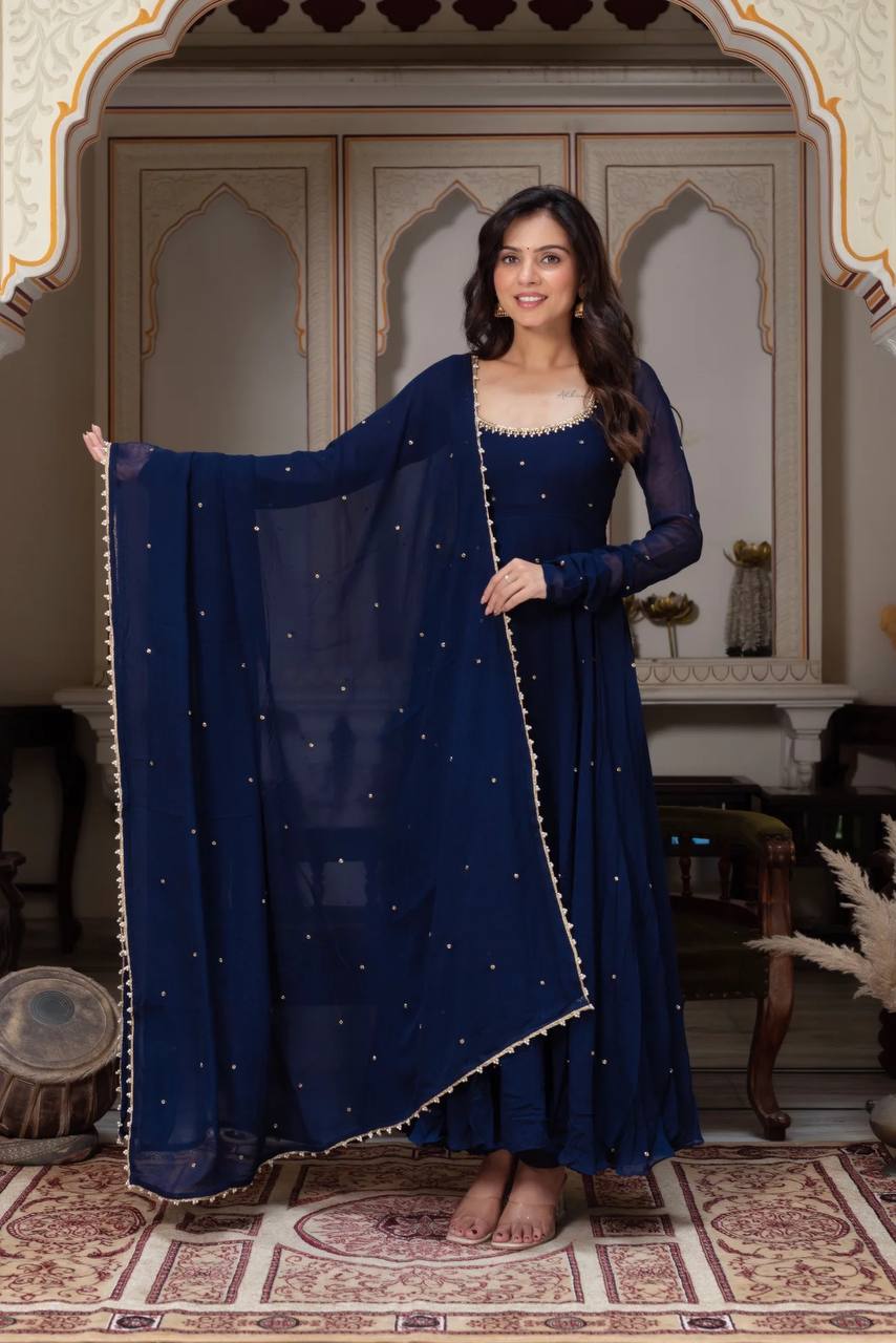 Navy Blue Embellished Anarkali Kurti Set with Pants & Dupatta