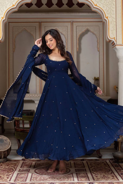 Navy Blue Embellished Anarkali Kurti Set with Pants & Dupatta