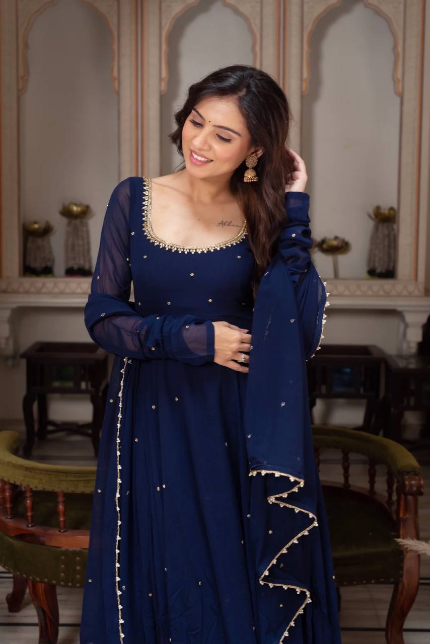 Navy Blue Embellished Anarkali Kurti Set with Pants & Dupatta