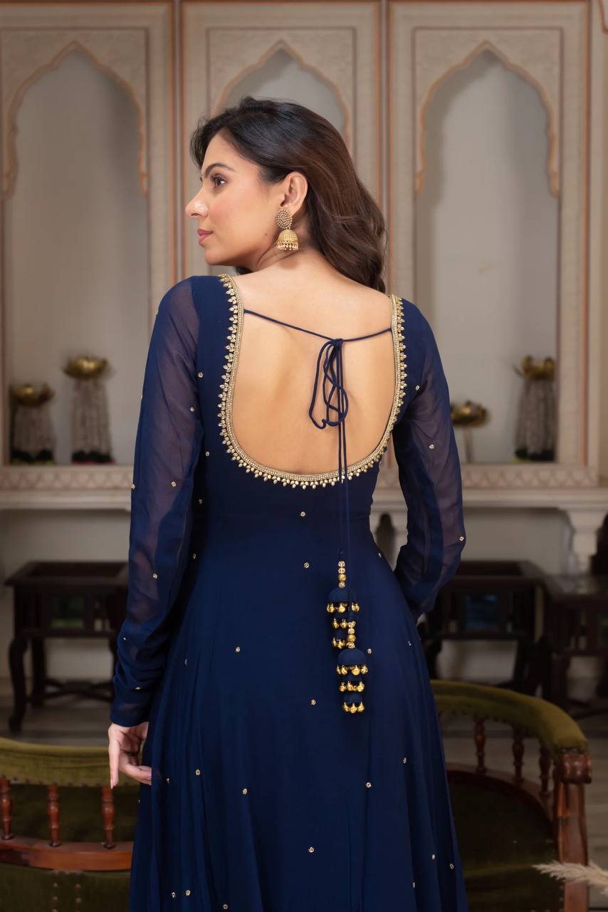 Navy Blue Embellished Anarkali Kurti Set with Pants & Dupatta