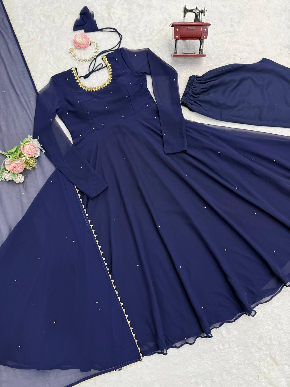 Navy Blue Embellished Anarkali Kurti Set with Pants & Dupatta