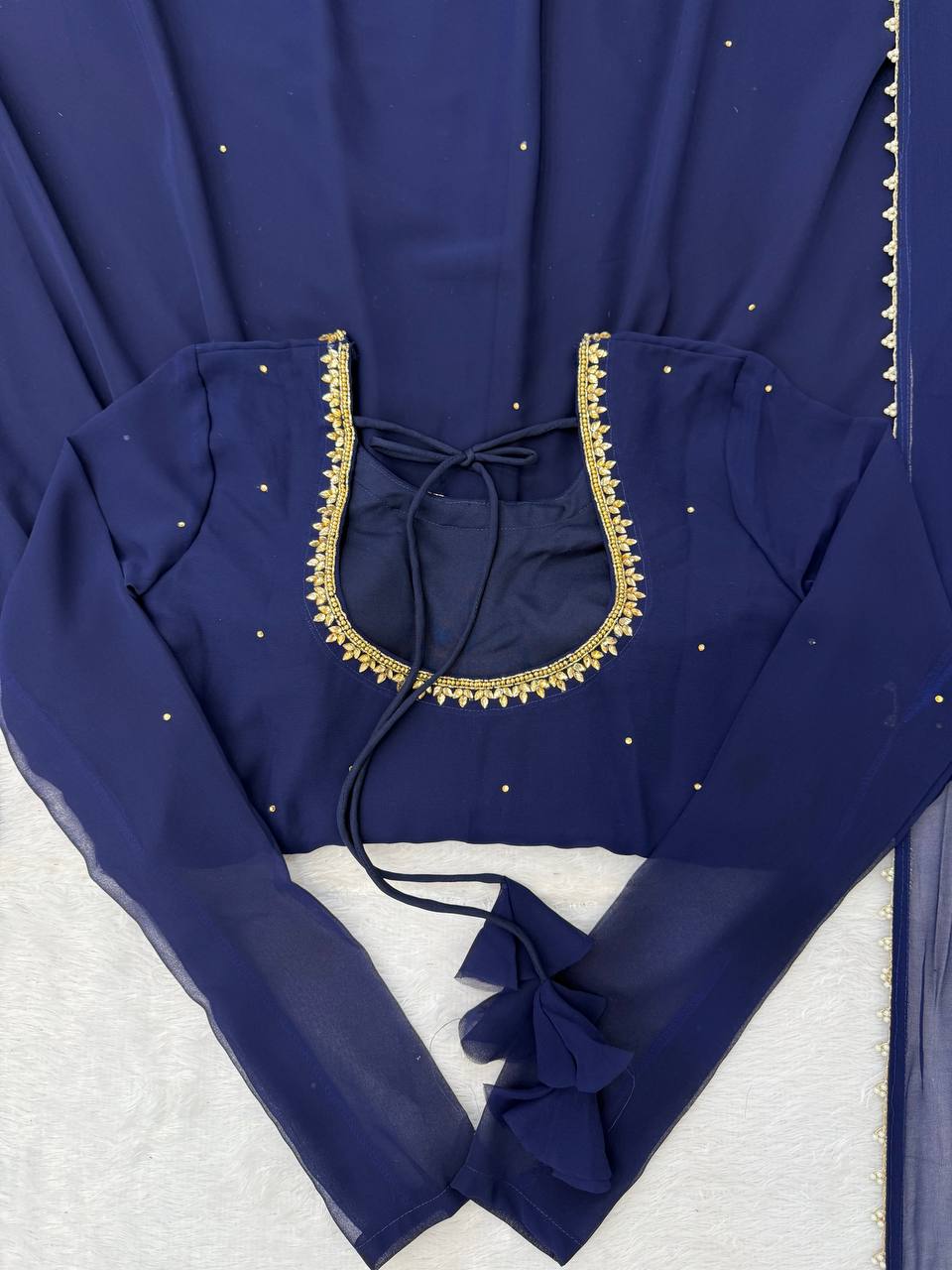 Navy Blue Embellished Anarkali Kurti Set with Pants & Dupatta