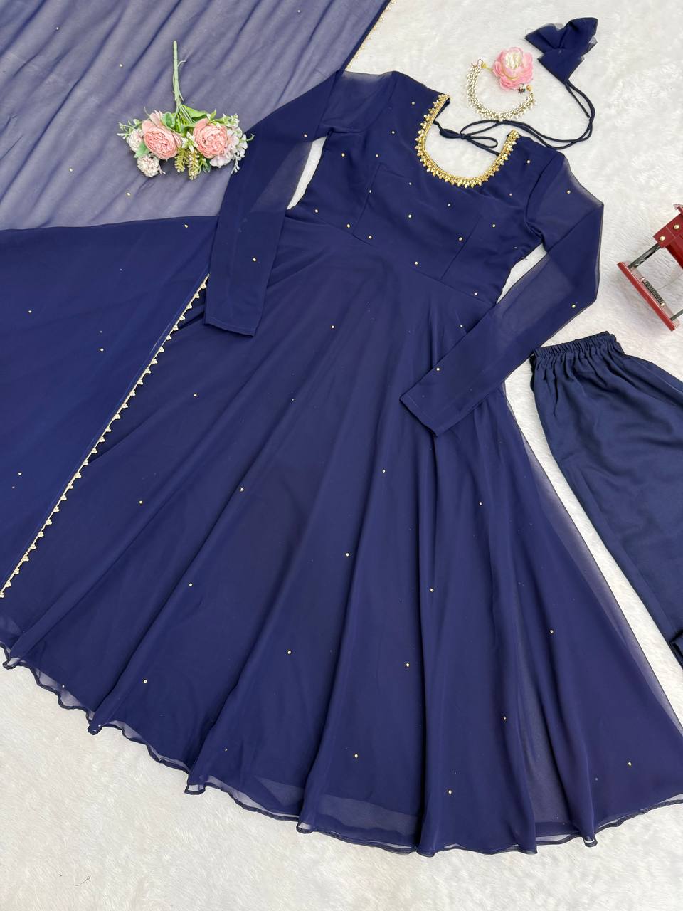 Navy Blue Embellished Anarkali Kurti Set with Pants & Dupatta
