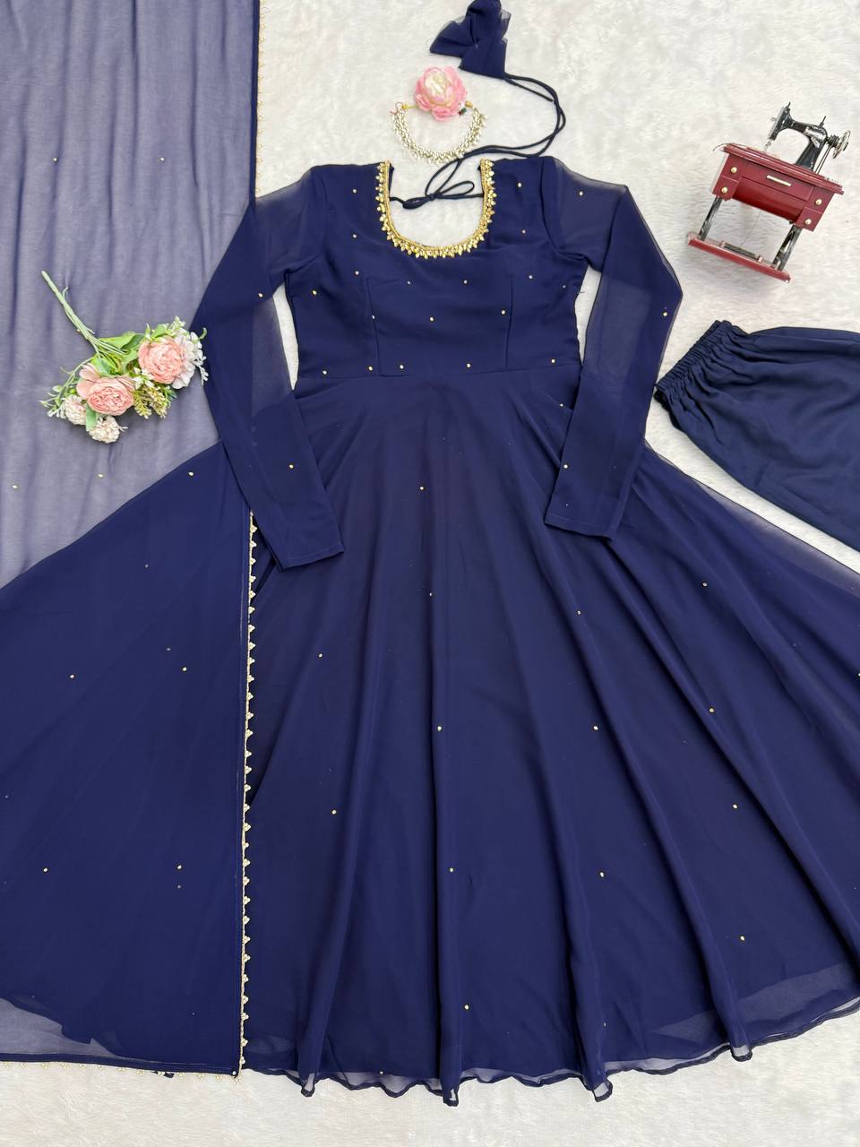 Navy Blue Embellished Anarkali Kurti Set with Pants & Dupatta