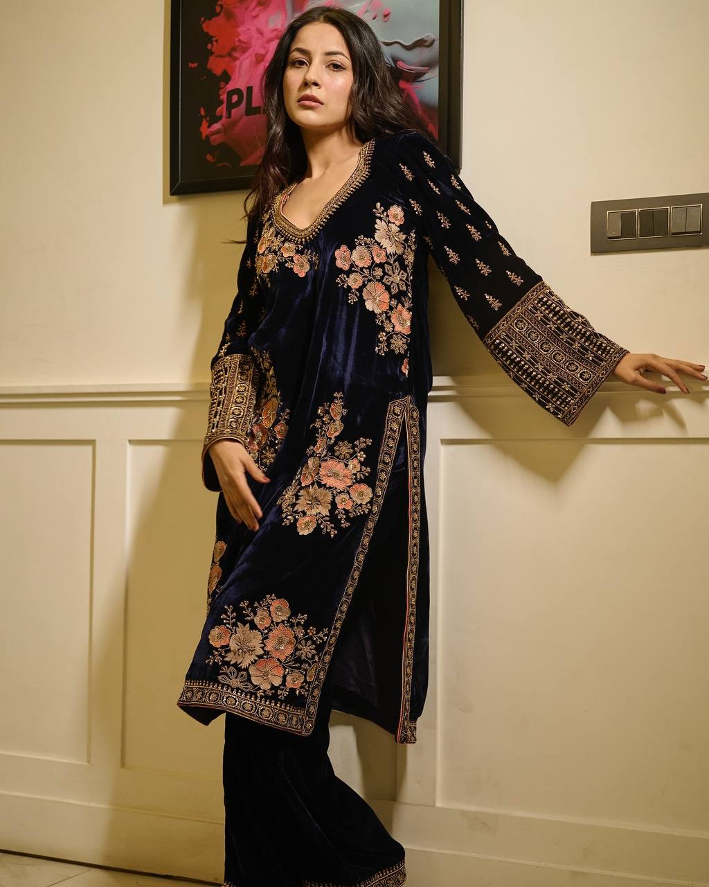 Navy Blue Velvet Embroidered Kurti Pant Set with Dupatta