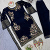 Navy Blue Velvet Embroidered Kurti Pant Set with Dupatta
