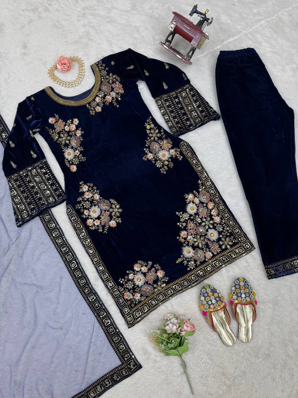 Navy Blue Velvet Embroidered Kurti Pant Set with Dupatta