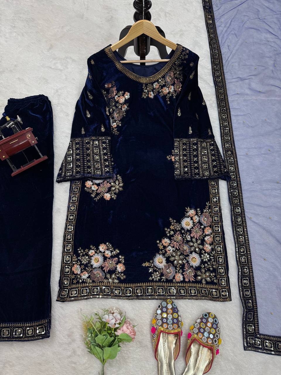 Navy Blue Velvet Embroidered Kurti Pant Set with Dupatta