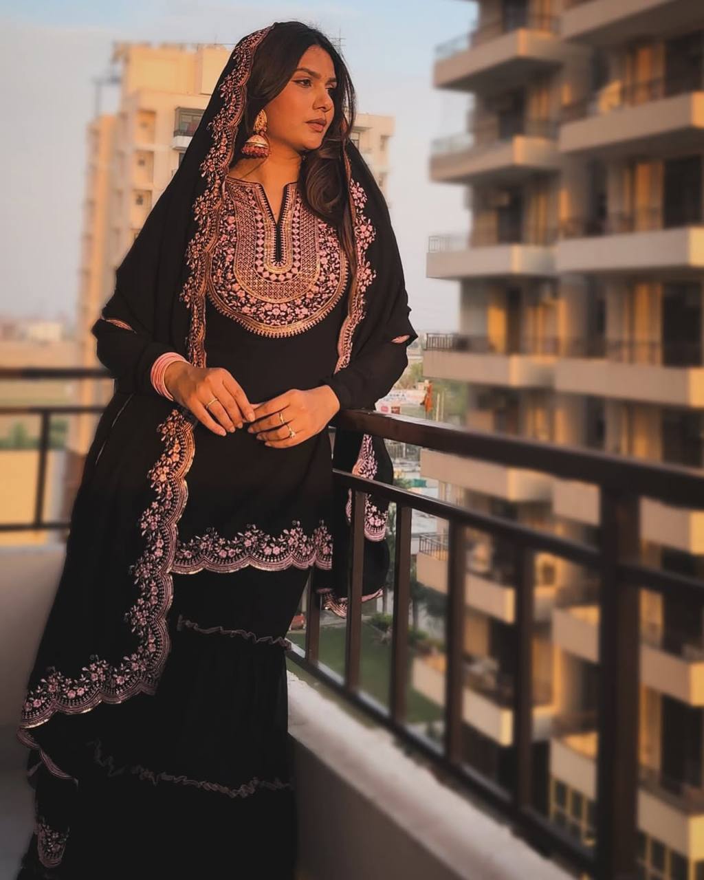 Black Embroidered Kurti Sharara Set with Dupatta