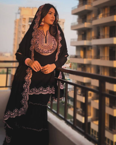Black Embroidered Kurti Sharara Set with Dupatta