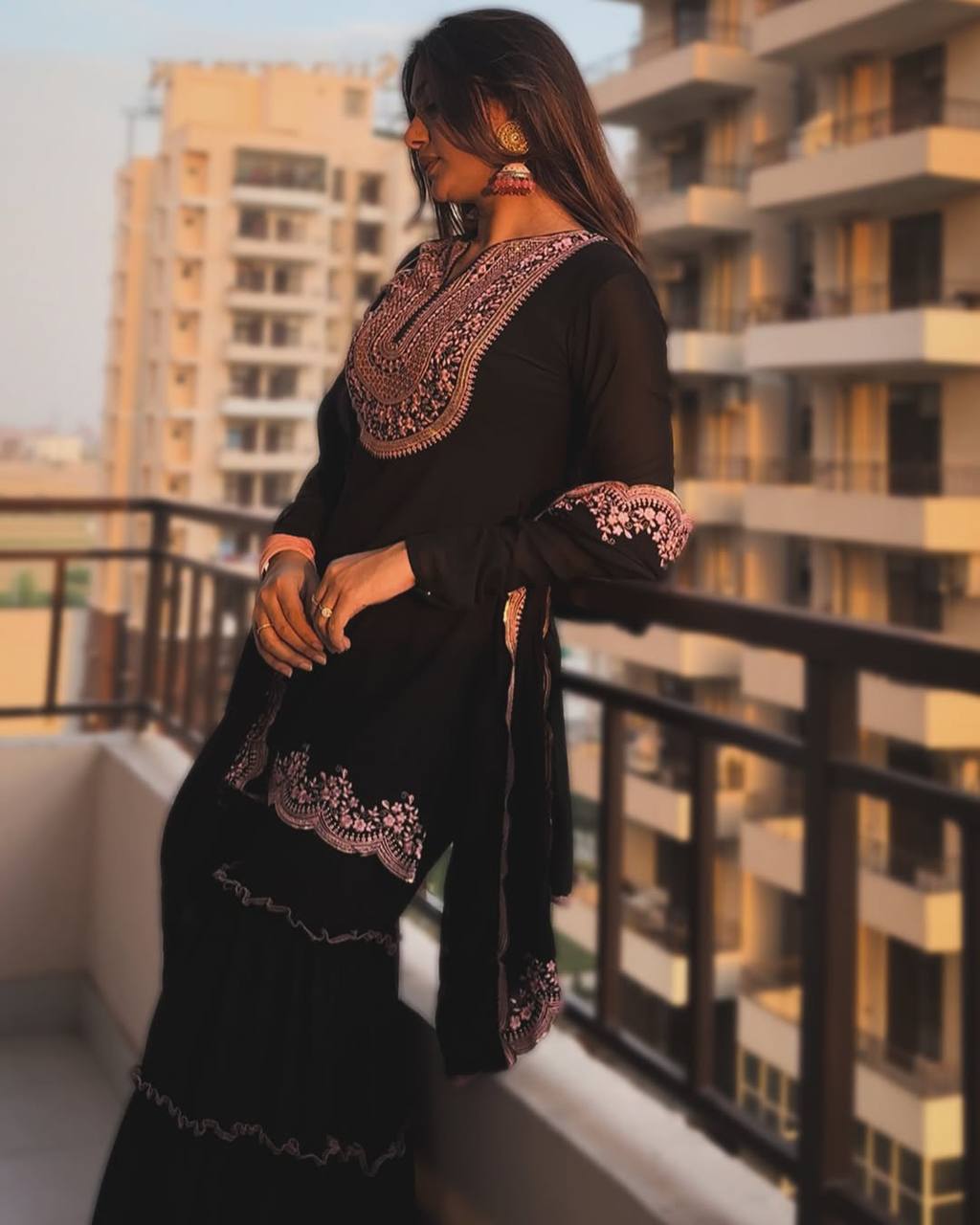 Black Embroidered Kurti Sharara Set with Dupatta
