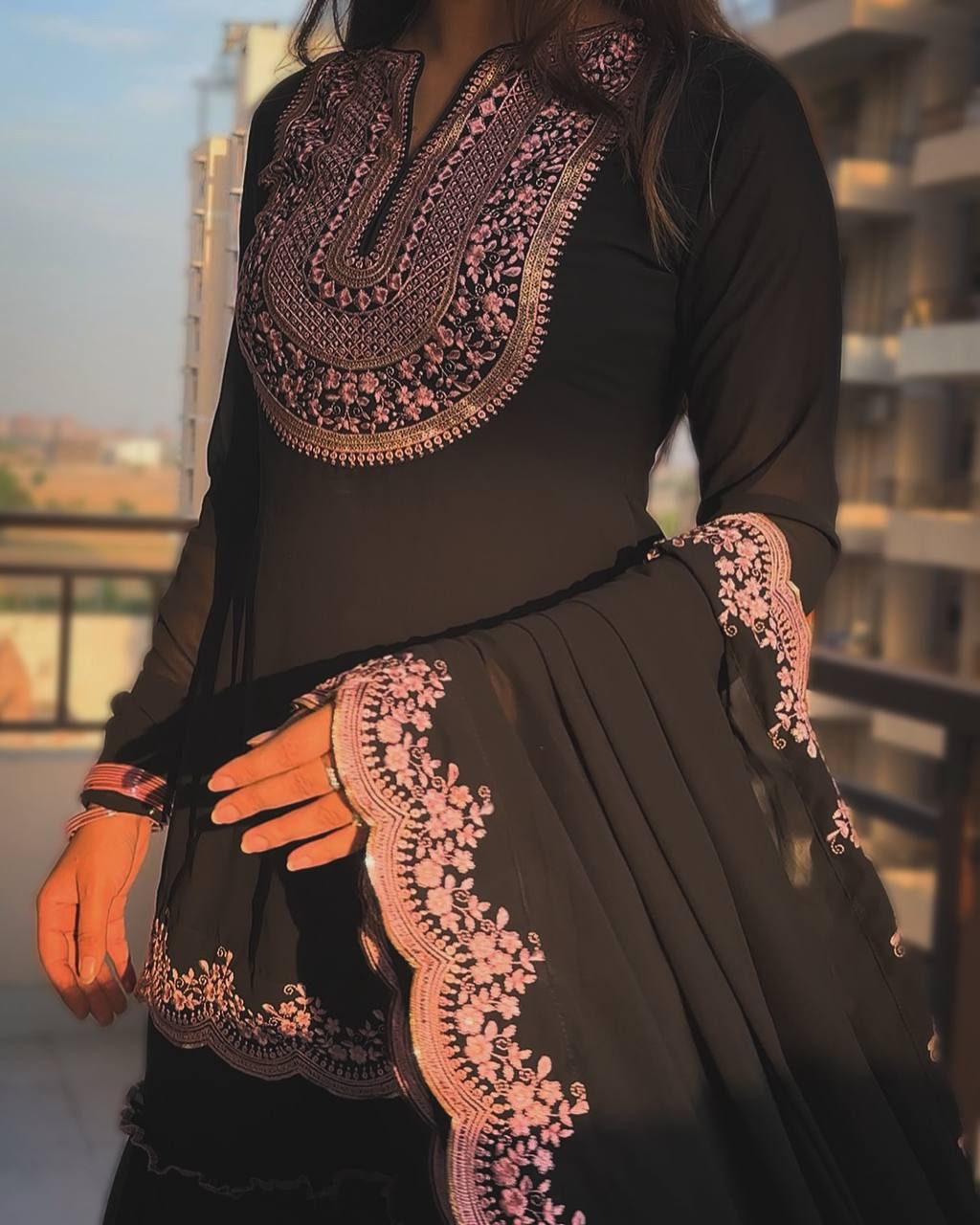 Black Embroidered Kurti Sharara Set with Dupatta