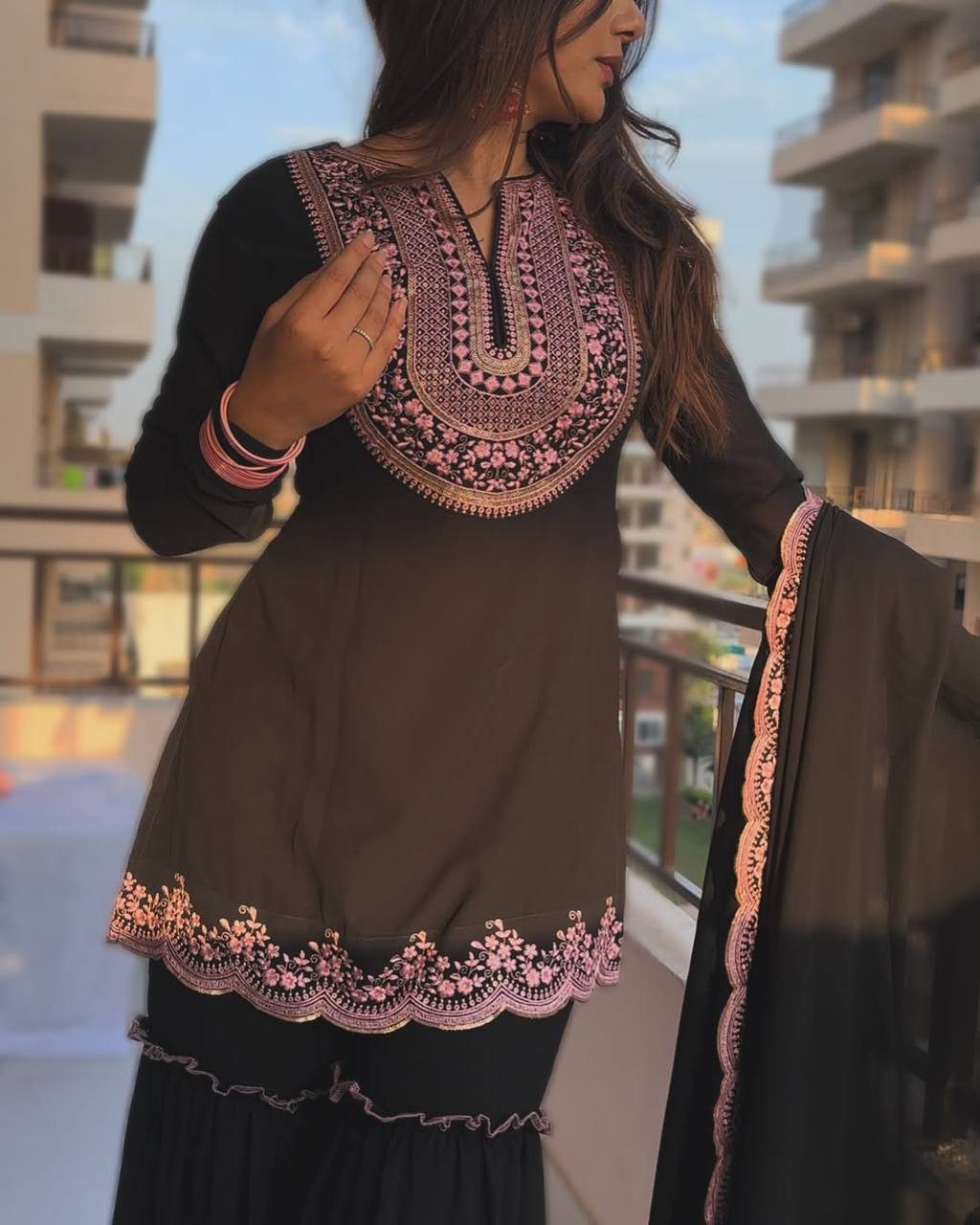 Black Embroidered Kurti Sharara Set with Dupatta