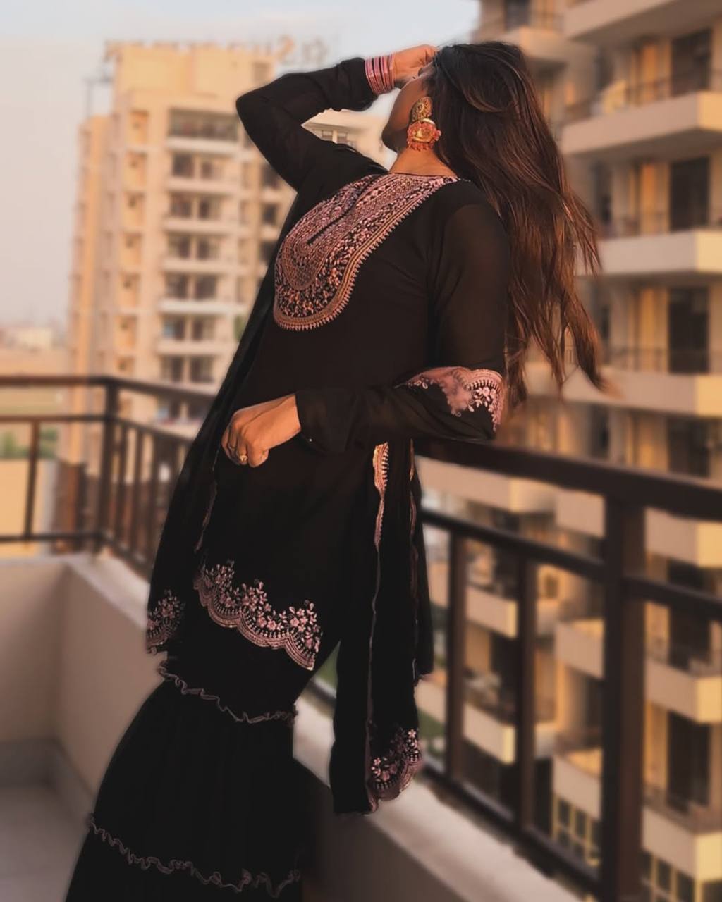 Black Embroidered Kurti Sharara Set with Dupatta