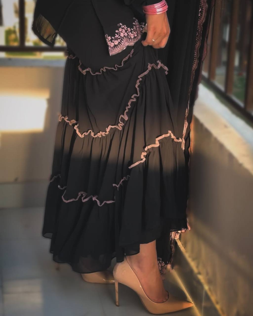 Black Embroidered Kurti Sharara Set with Dupatta