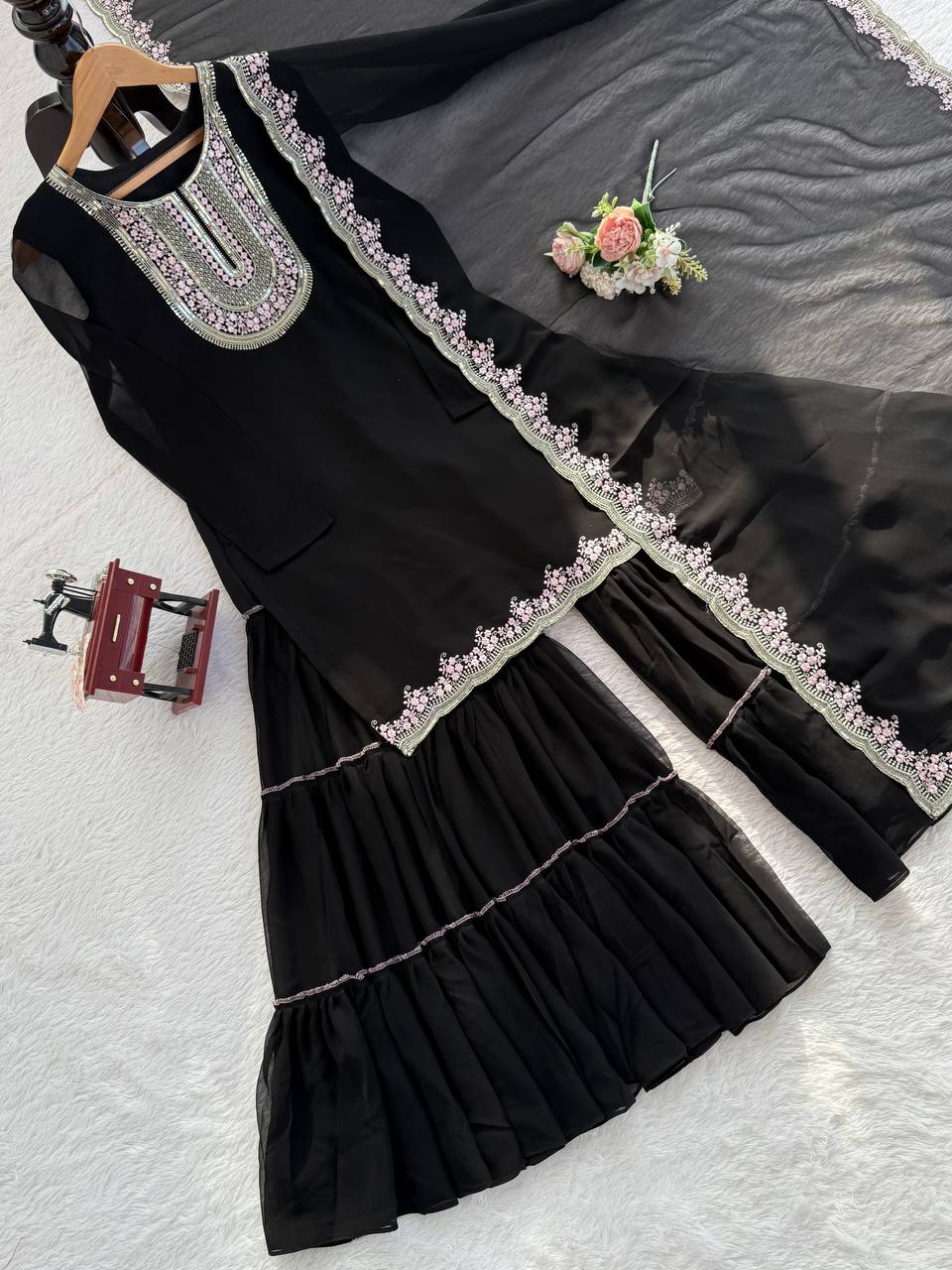 Black Embroidered Kurti Sharara Set with Dupatta