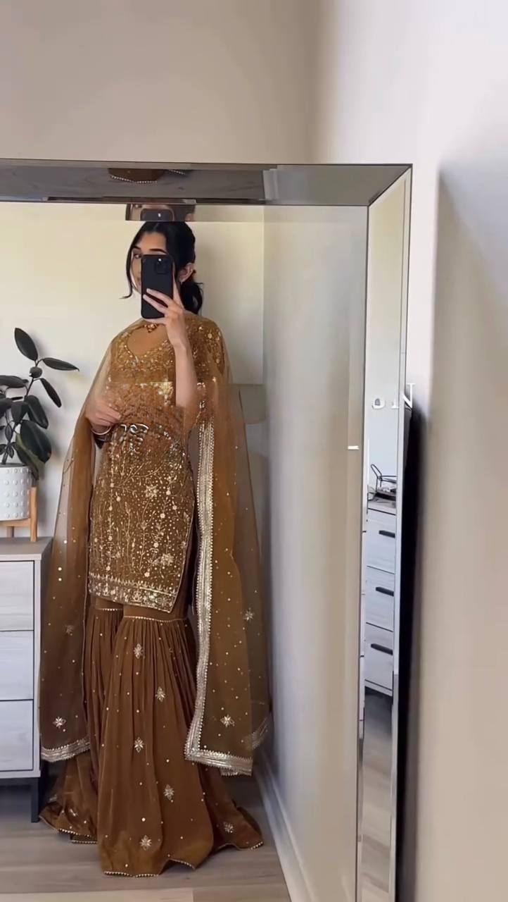 Golden Brown Embroidered Sharara Suit Set with Dupatta