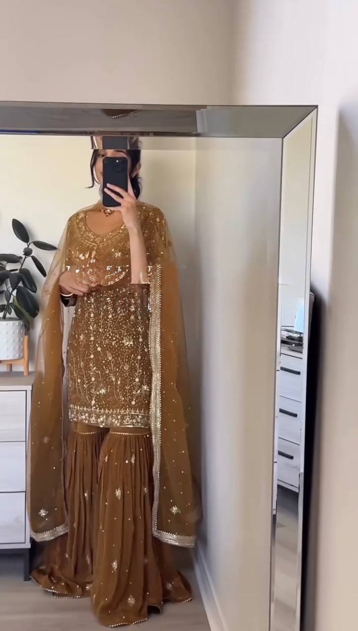 Golden Brown Embroidered Sharara Suit Set with Dupatta