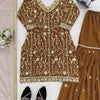 Golden Brown Embroidered Sharara Suit Set with Dupatta