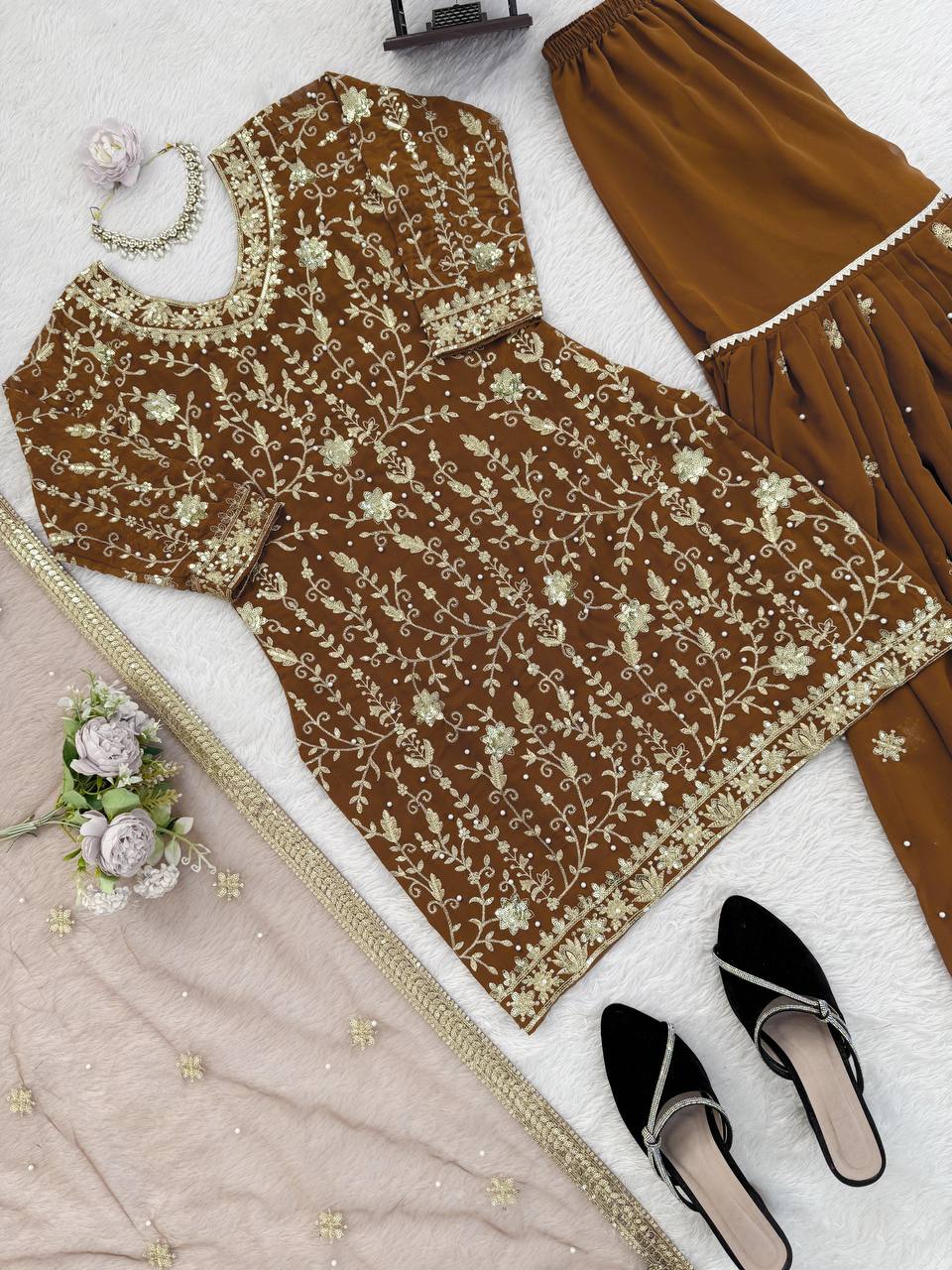 Golden Brown Embroidered Sharara Suit Set with Dupatta