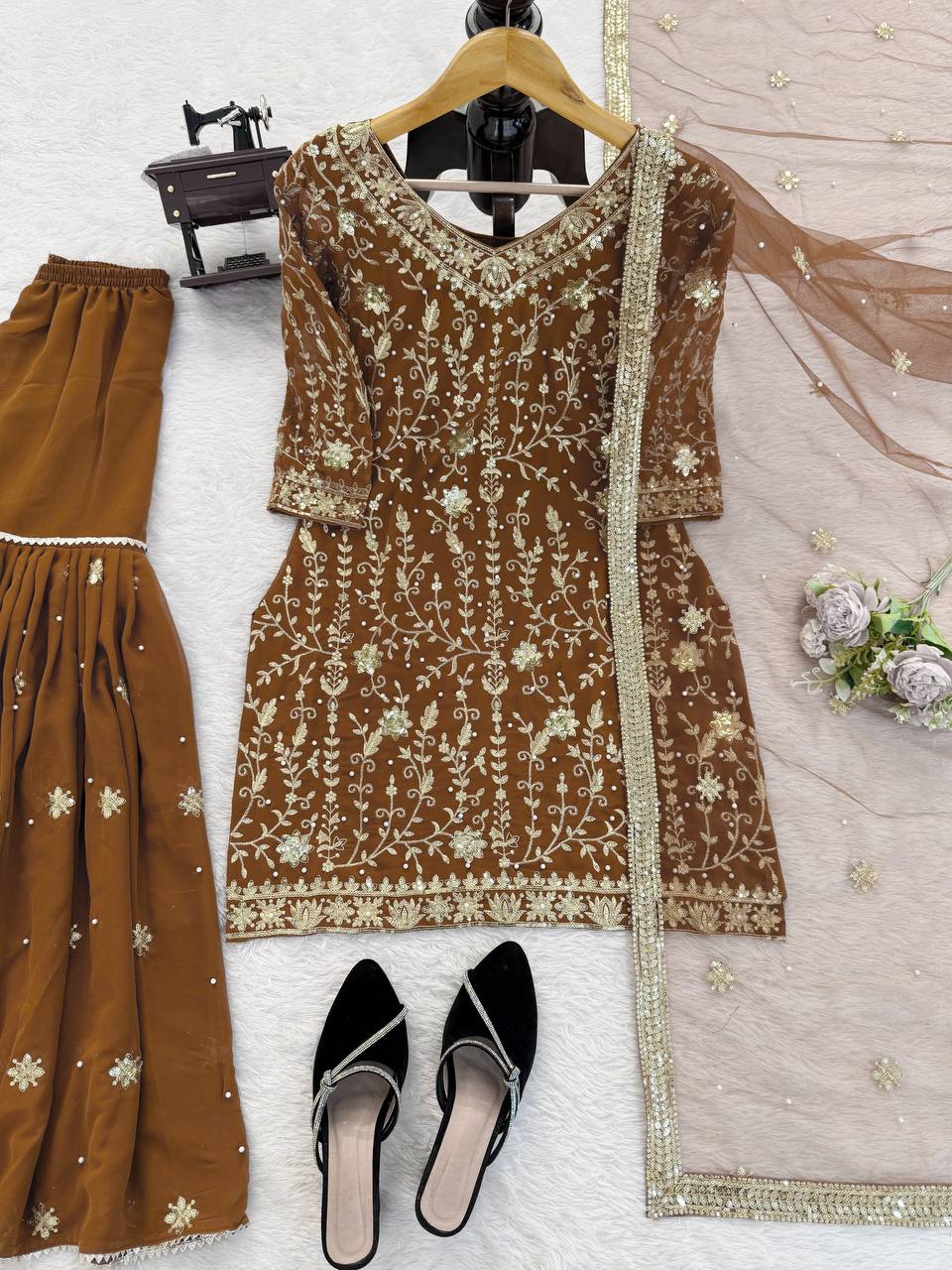Golden Brown Embroidered Sharara Suit Set with Dupatta