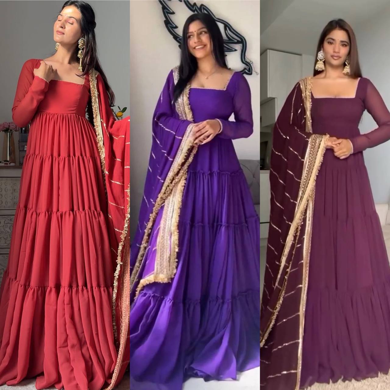 Solid Flared Anarkali Gown with Embellished Dupatta (Multiple Colors)