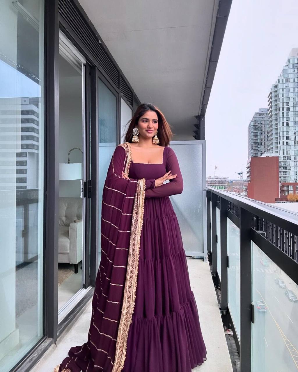 Solid Flared Anarkali Gown with Embellished Dupatta (Multiple Colors)