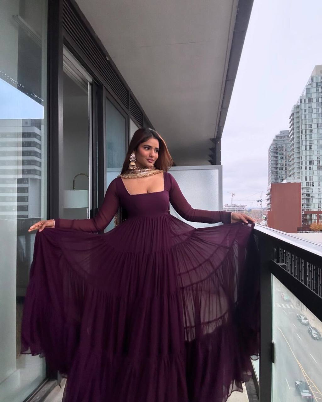 Solid Flared Anarkali Gown with Embellished Dupatta (Multiple Colors)