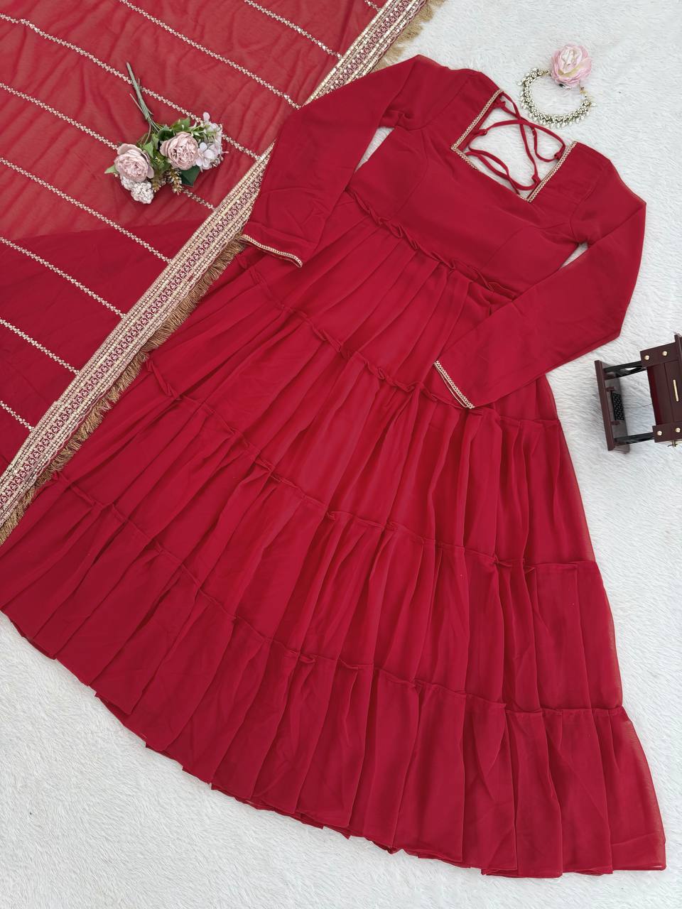 Solid Flared Anarkali Gown with Embellished Dupatta (Multiple Colors)