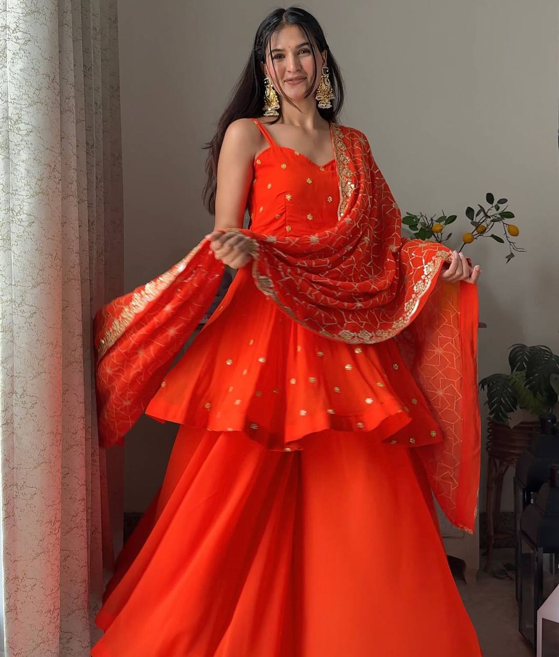 Bright Red Sharara Suit Set with Heavy Embroidered Dupatta